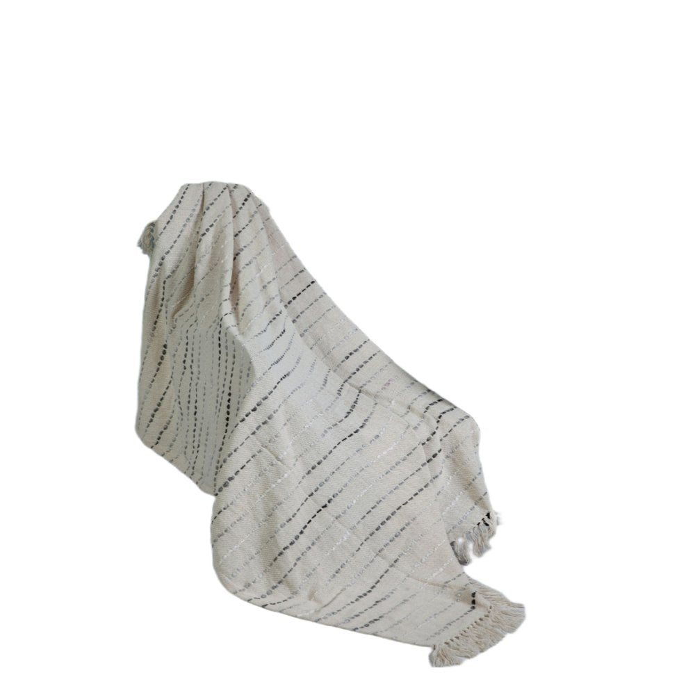 50" X 60" Cream Kantha Cotton Striped Throw Blanket with Embroidery — view 3