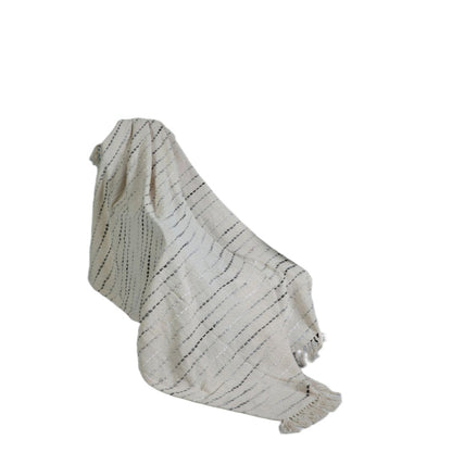 50" X 60" Cream Kantha Cotton Striped Throw Blanket with Embroidery HomeRoots
