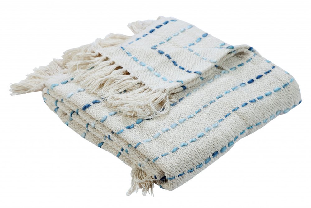 50" X 60" Cream Kantha Cotton Striped Throw Blanket with Embroidery — view 7