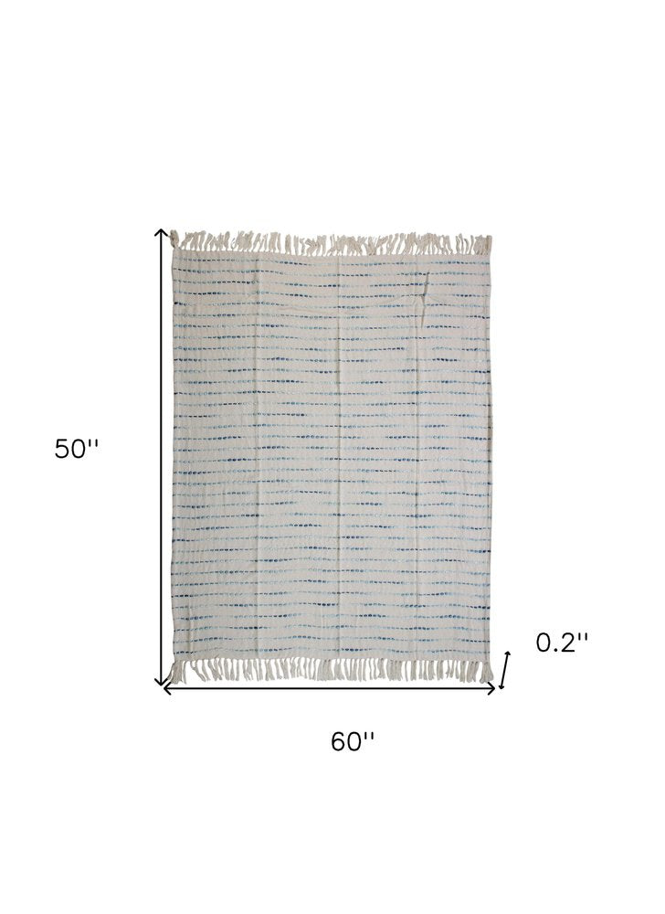 50" X 60" Cream Kantha Cotton Striped Throw Blanket with Embroidery HomeRoots