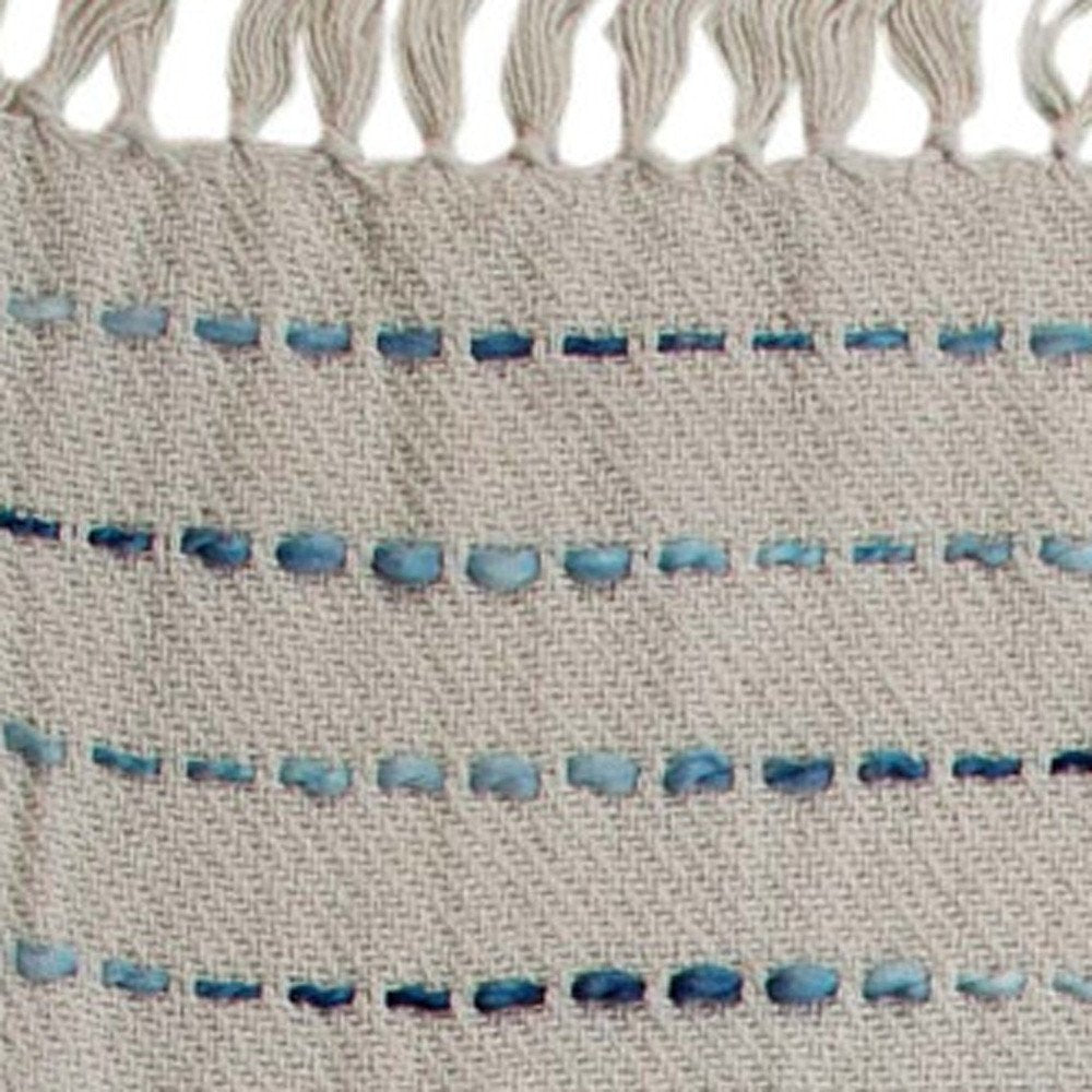 50" X 60" Cream Kantha Cotton Striped Throw Blanket with Embroidery HomeRoots