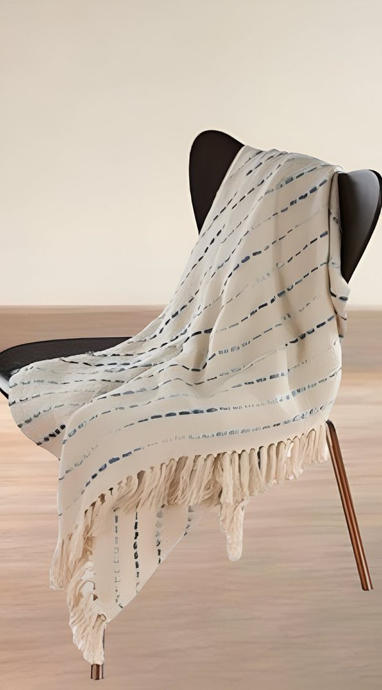 50" X 60" Cream Kantha Cotton Striped Throw Blanket with Embroidery — view 11