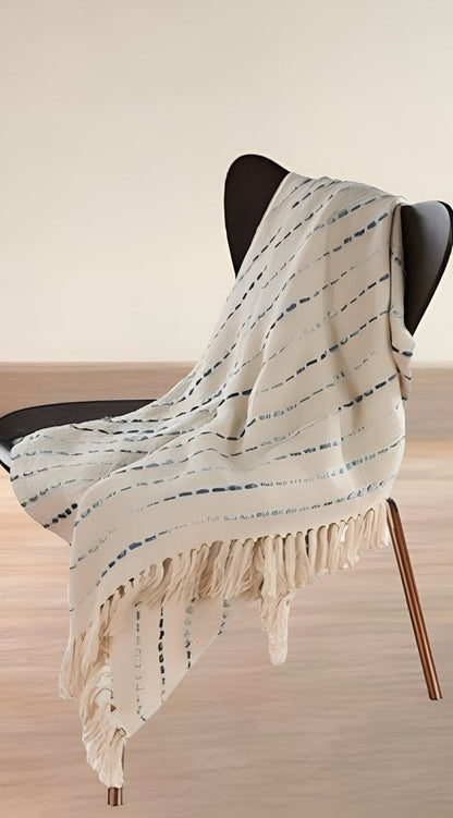 50" X 60" Cream Kantha Cotton Striped Throw Blanket with Embroidery HomeRoots