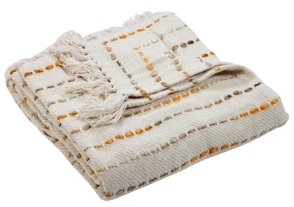 50" X 60" Cream Kantha Cotton Striped Throw Blanket with Embroidery HomeRoots