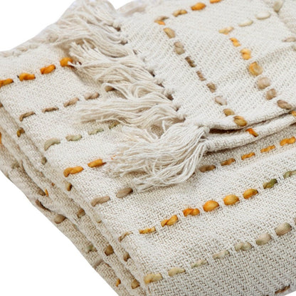 50" X 60" Cream Kantha Cotton Striped Throw Blanket with Embroidery HomeRoots