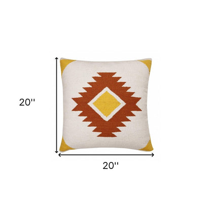 20" White Yellow And Red Striped Cotton Throw Pillow