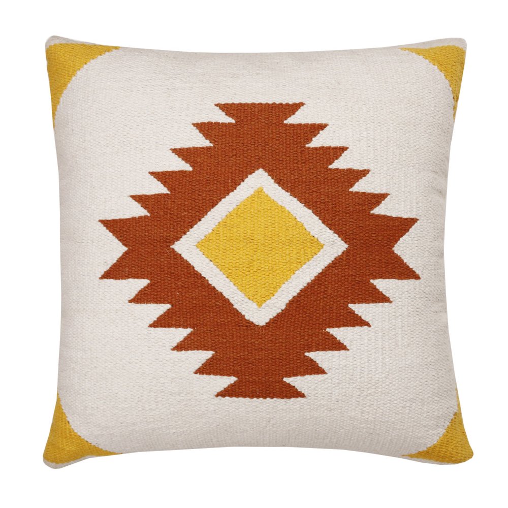 20" White Yellow And Red Striped Cotton Throw Pillow — view 2