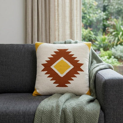 20" White Yellow And Red Striped Cotton Throw Pillow