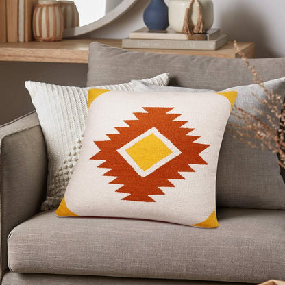 20" White Yellow And Red Striped Cotton Throw Pillow