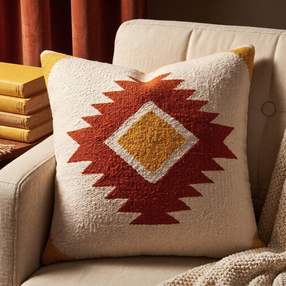20" White Yellow And Red Striped Cotton Throw Pillow