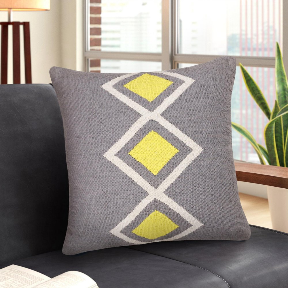 20" X 20" Gray White And Yellow 100% Cotton Geometric Zippered Pillow — view 9