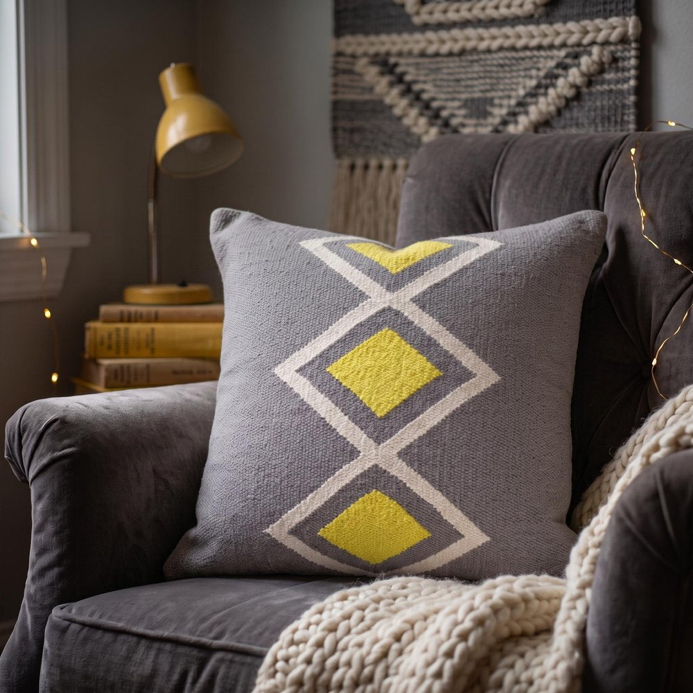 20" X 20" Gray White And Yellow 100% Cotton Geometric Zippered Pillow — view 10