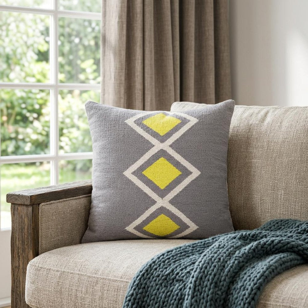 20" X 20" Gray White And Yellow 100% Cotton Geometric Zippered Pillow — view 3