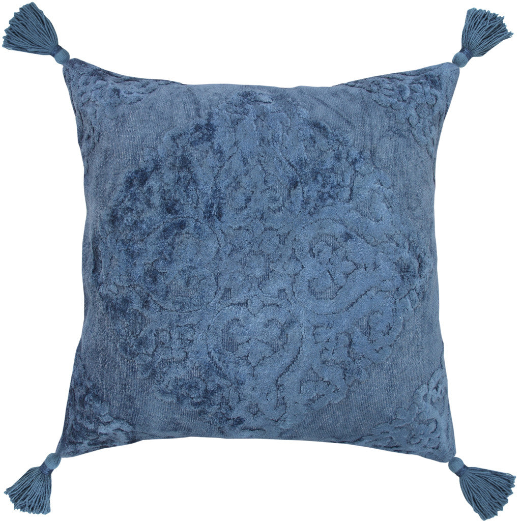 20" X 20" Blue Damask Cotton Blend Zippered Pillow With Tassels FurniFindUSA