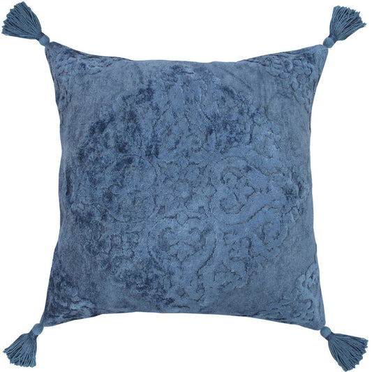 20" X 20" Blue Damask Cotton Blend Zippered Pillow With Tassels FurniFindUSA