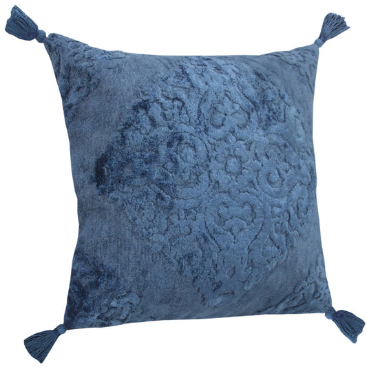 20" X 20" Blue Damask Cotton Blend Zippered Pillow With Tassels FurniFindUSA