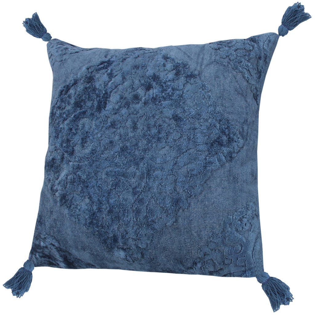 20" X 20" Blue Damask Cotton Blend Zippered Pillow With Tassels FurniFindUSA