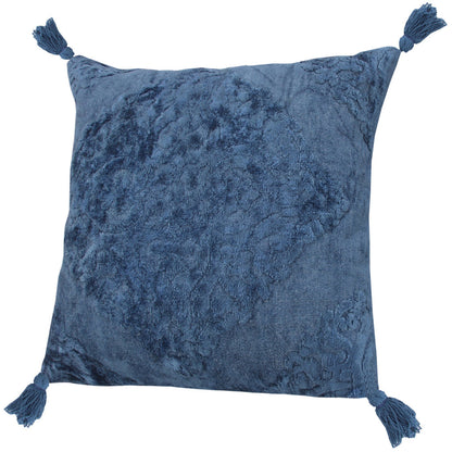 20" X 20" Blue Damask Cotton Blend Zippered Pillow With Tassels FurniFindUSA