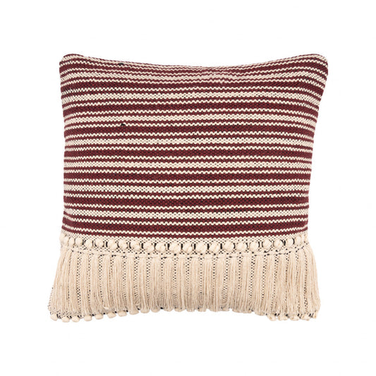 20" X 20" Maroon Red And Off-White 100% Cotton Striped Zippered Pillow FurniFindUSA