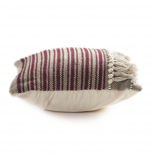 20" X 20" Maroon Red And Off-White 100% Cotton Striped Zippered Pillow FurniFindUSA