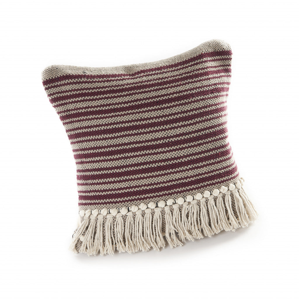 20" X 20" Maroon Red And Off-White 100% Cotton Striped Zippered Pillow FurniFindUSA