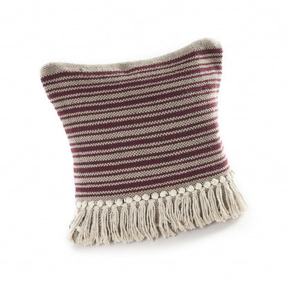 20" X 20" Maroon Red And Off-White 100% Cotton Striped Zippered Pillow FurniFindUSA