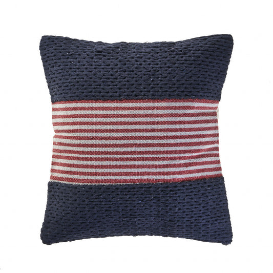 20" X 20" Blue And Red 100% Cotton Striped Zippered Pillow FurniFindUSA