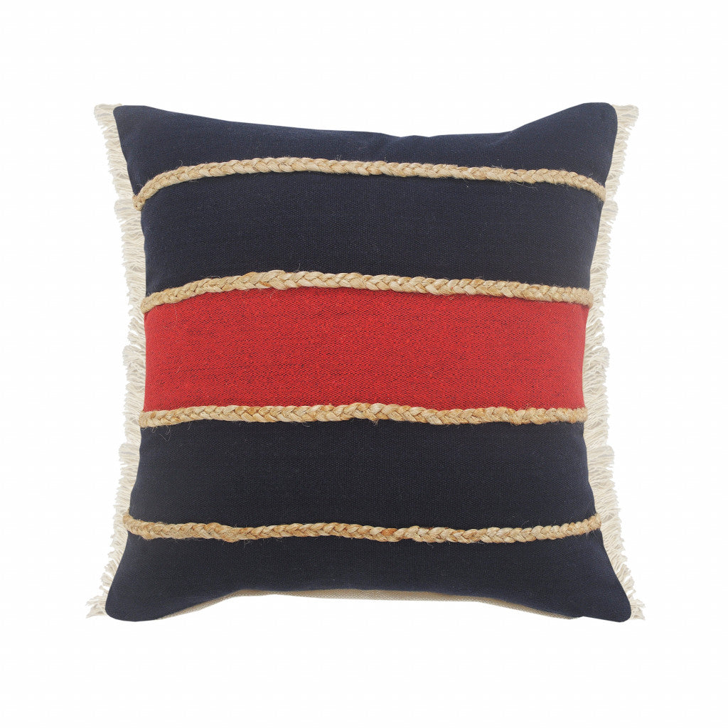 20" X 20" Navy Red And Tan 100% Cotton Striped Zippered Pillow FurniFindUSA
