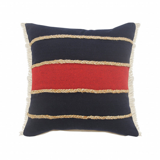 20" X 20" Navy Red And Tan 100% Cotton Striped Zippered Pillow FurniFindUSA