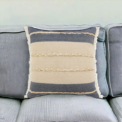 24" X 24" Denim Blue Tan And Taupe Jute Coastal Zippered Pillow FurniFindUSA