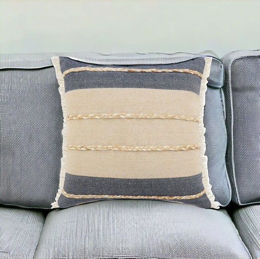 24" X 24" Denim Blue Tan And Taupe Jute Coastal Zippered Pillow FurniFindUSA