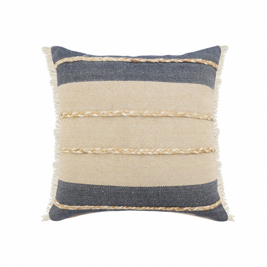 20" X 20" Denim Blue Tan And Taupe Jute Coastal Zippered Pillow 4.0" (L) x 20.0" (W) x 20.0" (H) FurniFindUSA