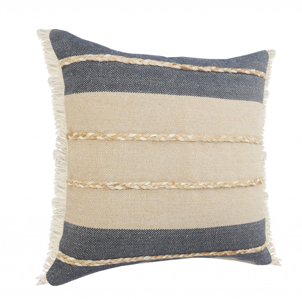 20" X 20" Denim Blue Tan And Taupe Jute Coastal Zippered Pillow 4.0" (L) x 20.0" (W) x 20.0" (H) FurniFindUSA