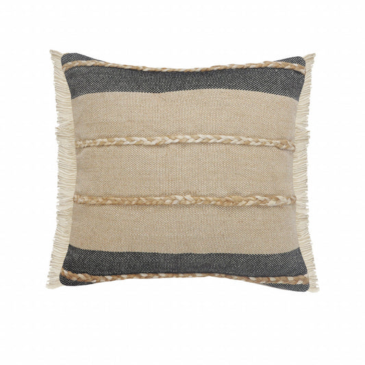 24" X 24" Black Tan And Taupe Jute Striped Zippered Pillow FurniFindUSA