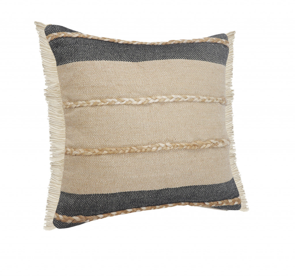 24" X 24" Black Tan And Taupe Jute Striped Zippered Pillow FurniFindUSA