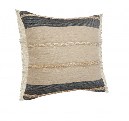24" X 24" Black Tan And Taupe Jute Striped Zippered Pillow FurniFindUSA