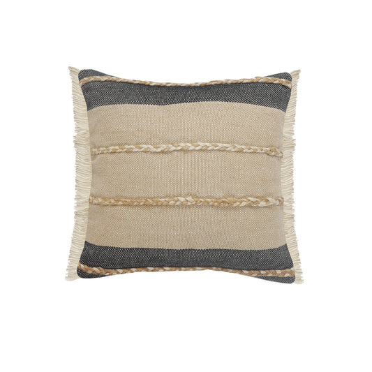 20" X 20" Beige And Ivory Jute Striped Zippered Pillow With Fringe FurniFindUSA