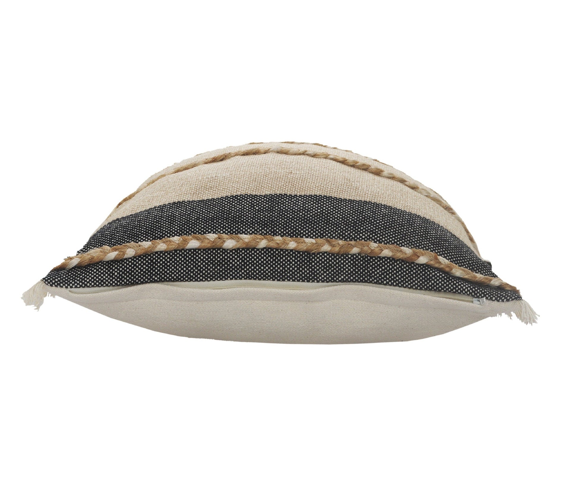 20" X 20" Beige And Ivory Jute Striped Zippered Pillow With Fringe FurniFindUSA