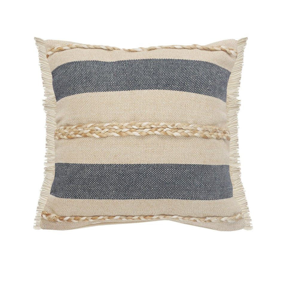 20" X 20" Denim Blue Tan And Taupe Jute Coastal Zippered Pillow HomeRoots