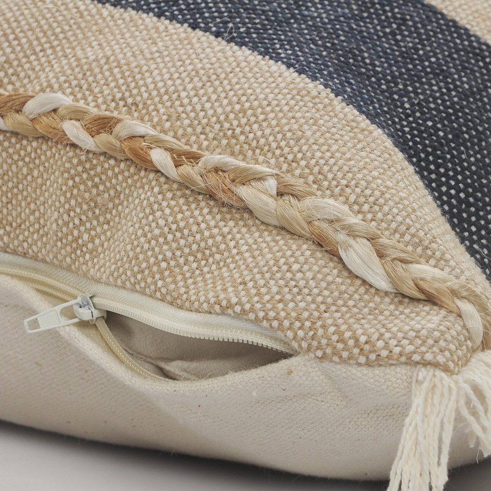 20" X 20" Denim Blue Tan And Taupe Jute Coastal Zippered Pillow HomeRoots