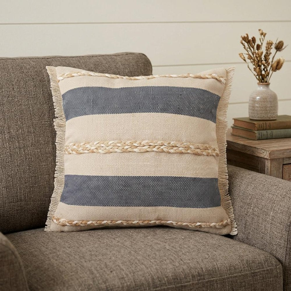 20" X 20" Denim Blue Tan And Taupe Jute Coastal Zippered Pillow HomeRoots