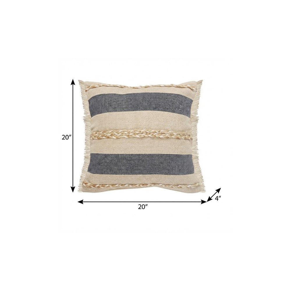 20" X 20" Denim Blue Tan And Taupe Jute Coastal Zippered Pillow — view 9
