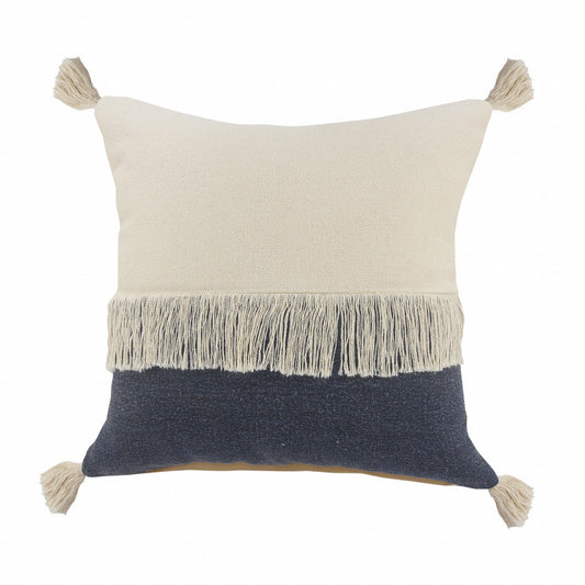 20" X 20" Denim Blue And Off-White 100% Cotton Zippered Pillow FurniFindUSA