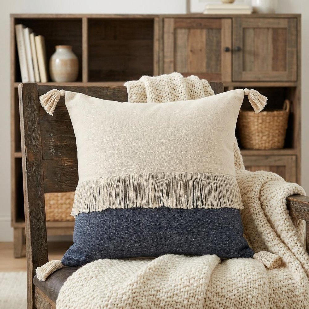 20" X 20" Denim Blue And Off-White 100% Cotton Zippered Pillow HomeRoots