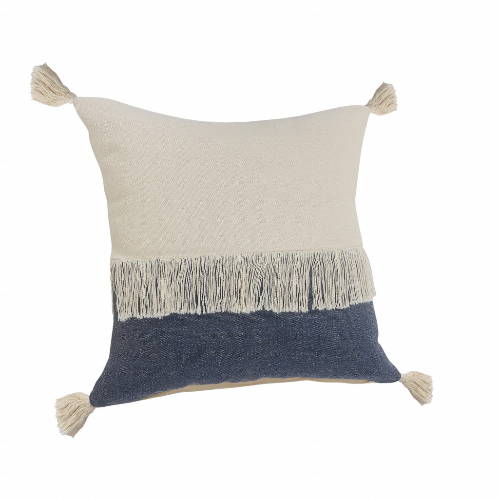 20" X 20" Denim Blue And Off-White 100% Cotton Zippered Pillow FurniFindUSA