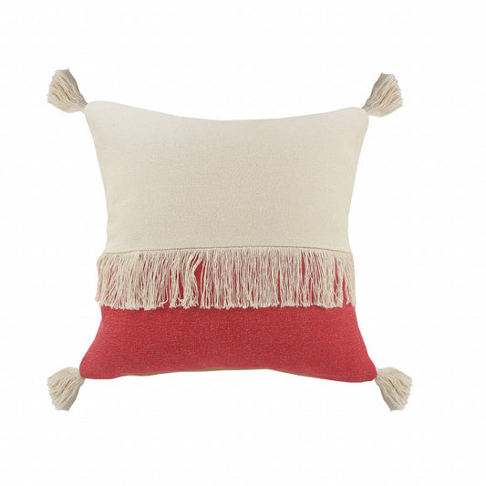 20" x 20" Red and Off White 100% Cotton Pillow With Tassels FurniFindUSA