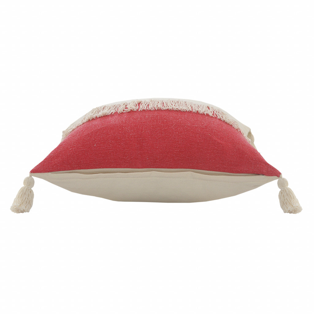 20" x 20" Red and Off White 100% Cotton Pillow With Tassels FurniFindUSA