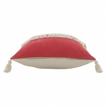 20" x 20" Red and Off White 100% Cotton Pillow With Tassels FurniFindUSA