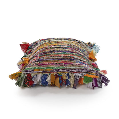 18" Blue And Red Weave Cotton Throw Pillow with Fringe HomeRoots