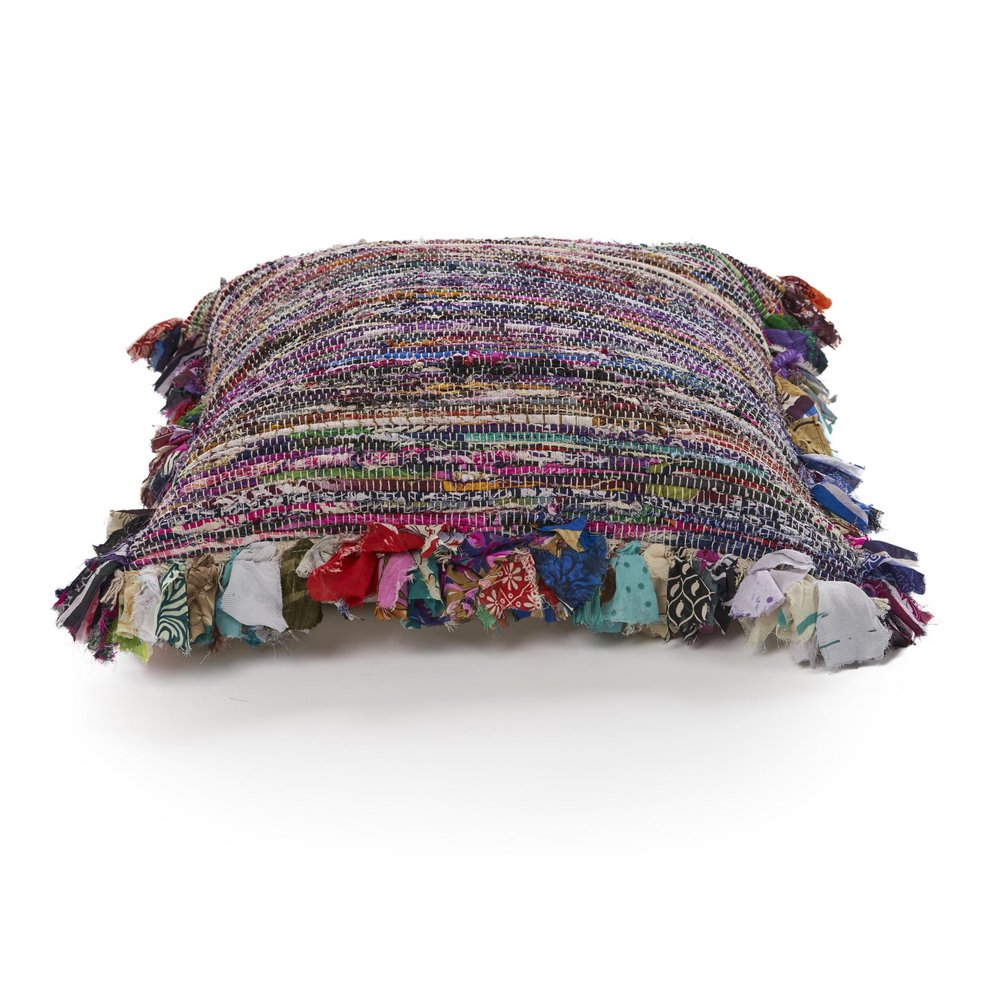 26" Blue And Red Weave Cotton Throw Pillow with Fringe — view 5